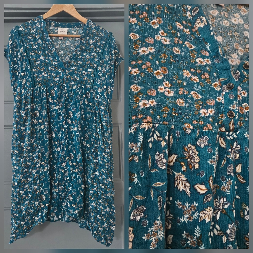 knox rose size small beautiful floral teal dress with pockets